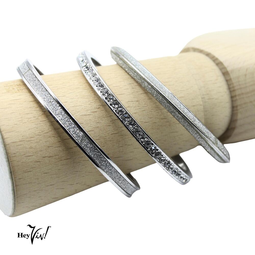 Vintage Silver Tone Bangle Bracelets Set 3 Rhinestone Glitter Stackable -Hey Viv